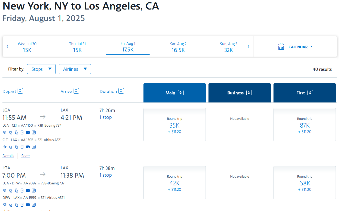 screenshot showing list of available flights
