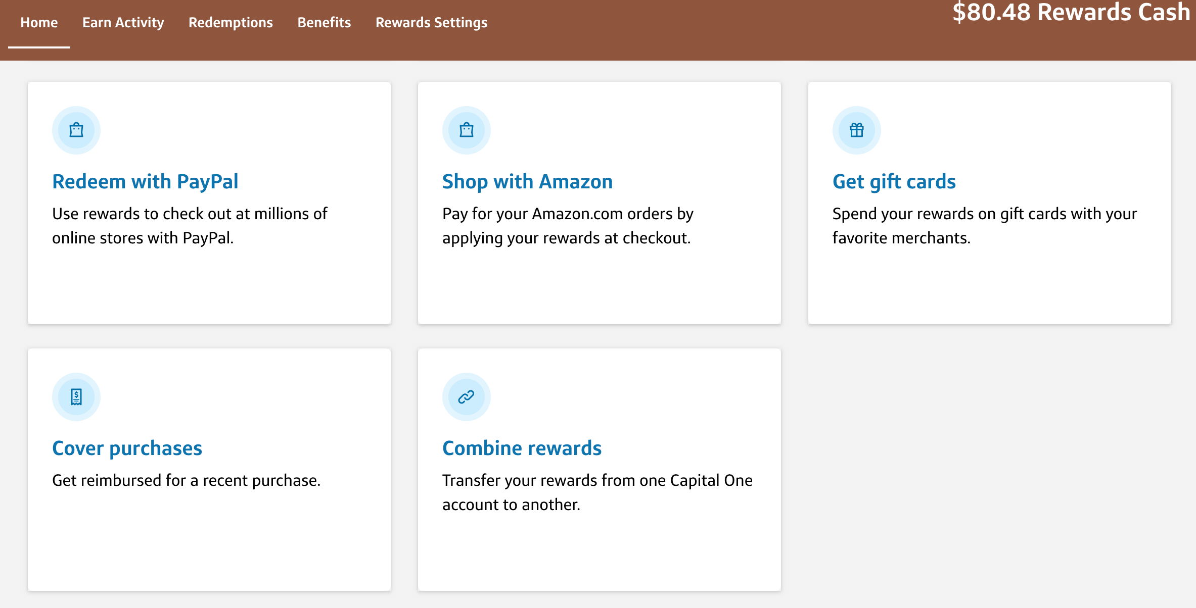 Screenshot of Capital One rewards menu