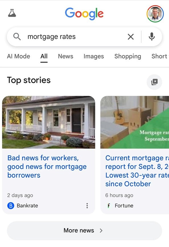 Example of Google search results for the term mortgage rates